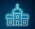 Glowing neon line Church building icon isolated on blue background. Christian Church. Religion of church. Vector