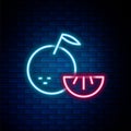 Glowing neon line Citrus fruit icon isolated on brick wall background. Orange in a cut. Healthy lifestyle. Colorful Royalty Free Stock Photo