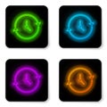 Glowing neon line Clock icon isolated on white background. Time symbol. Black square button. Vector