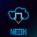 Glowing neon line Cloud download icon isolated on black background. Colorful outline concept. Vector Royalty Free Stock Photo