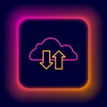 Glowing neon line Cloud download and upload icon isolated on black background. Colorful outline concept. Vector