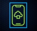 Glowing neon line Cloud technology data transfer and storage icon isolated on brick wall background. Vector Royalty Free Stock Photo