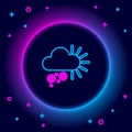Glowing neon line Cloudy with snow icon isolated on black background. Cloud with snowflakes. Single weather icon