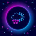 Glowing neon line Cloudy with snow icon isolated on black background. Cloud with snowflakes. Single weather icon