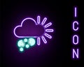 Glowing neon line Cloudy with snow icon isolated on black background. Cloud with snowflakes. Single weather icon