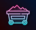 Glowing neon line Coal mine trolley icon isolated on black background. Factory coal mine trolley. Vector