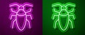 Glowing neon line Cockroach icon isolated on purple and green background. Vector