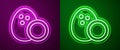 Glowing neon line Coconut icon isolated on purple and green background. Vector