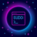 Glowing neon line Code terminal icon isolated on black background. Browser window with command line. Command panel Royalty Free Stock Photo