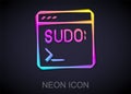 Glowing neon line Code terminal icon isolated on black background. Browser window with command line. Command panel