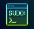 Glowing neon line Code terminal icon isolated on black background. Browser window with command line. Command panel Royalty Free Stock Photo