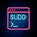 Glowing neon line Code terminal icon isolated on brick wall background. Browser window with command line. Command panel Royalty Free Stock Photo