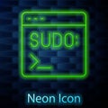 Glowing neon line Code terminal icon isolated on brick wall background. Browser window with command line. Command panel