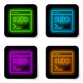 Glowing neon line Code terminal icon isolated on white background. Browser window with command line. Command panel