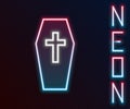 Glowing neon line Coffin with christian cross icon isolated on black background. Happy Halloween party. Colorful outline Royalty Free Stock Photo