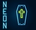 Glowing neon line Coffin with christian cross icon isolated on black background. Happy Halloween party. Colorful outline Royalty Free Stock Photo