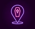 Glowing neon line Coffin with christian cross icon isolated on black background. Happy Halloween party. Colorful outline Royalty Free Stock Photo