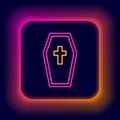Glowing neon line Coffin with christian cross icon isolated on black background. Happy Halloween party. Colorful outline Royalty Free Stock Photo