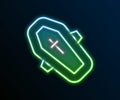 Glowing neon line Coffin with christian cross icon isolated on black background. Happy Halloween party. Colorful outline Royalty Free Stock Photo