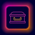 Glowing neon line Coffin with christian cross icon isolated on black background. Happy Halloween party. Colorful outline Royalty Free Stock Photo