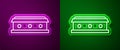 Glowing neon line Coffin with christian cross icon isolated on purple and green background. Happy Halloween party Royalty Free Stock Photo