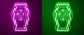 Glowing neon line Coffin with christian cross icon isolated on purple and green background. Happy Halloween party Royalty Free Stock Photo