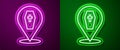 Glowing neon line Coffin with christian cross icon isolated on purple and green background. Happy Halloween party Royalty Free Stock Photo