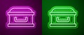Glowing neon line Coffin with christian cross icon isolated on purple and green background. Happy Halloween party Royalty Free Stock Photo