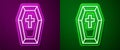 Glowing neon line Coffin with christian cross icon isolated on purple and green background. Happy Halloween party Royalty Free Stock Photo