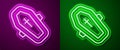 Glowing neon line Coffin with christian cross icon isolated on purple and green background. Happy Halloween party Royalty Free Stock Photo