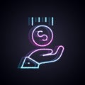 Glowing neon line Coins on hand - minimal wage icon isolated on black background. Vector