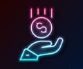 Glowing neon line Coins on hand - minimal wage icon isolated on black background. Vector