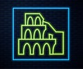 Glowing neon line Coliseum in Rome, Italy icon isolated on brick wall background. Colosseum sign. Symbol of Ancient Rome