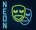Glowing neon line Comedy and tragedy theatrical masks icon isolated on black background. Colorful outline concept Royalty Free Stock Photo