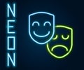 Glowing neon line Comedy and tragedy theatrical masks icon isolated on black background. Colorful outline concept Royalty Free Stock Photo