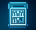 Glowing neon line Commercial refrigerator to store drinks icon isolated on blue background. Perishables for store or