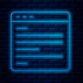 Glowing neon line Computer api interface icon isolated on brick wall background. Application programming interface API Royalty Free Stock Photo