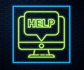 Glowing neon line Computer monitor and help icon isolated on brick wall background. Adjusting, service, setting