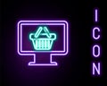 Glowing neon line Computer monitor with shopping basket icon isolated on black background. Online Shopping cart Royalty Free Stock Photo