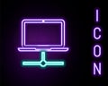 Glowing neon line Computer network icon isolated on black background. Laptop network. Internet connection. Colorful Royalty Free Stock Photo
