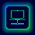 Glowing neon line Computer network icon isolated on black background. Laptop network. Internet connection. Colorful Royalty Free Stock Photo