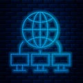 Glowing neon line Computer network icon isolated on brick wall background. Laptop network. Internet connection. Vector