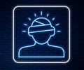 Glowing neon line Concussion, headache, dizziness, migraine icon isolated on brick wall background. Vector