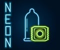 Glowing neon line Condom safe sex icon isolated on black background. Safe love symbol. Contraceptive method for male Royalty Free Stock Photo