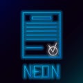 Glowing neon line Confirmed document and check mark icon isolated on black background. Checklist icon. Business concept