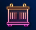 Glowing neon line Container icon isolated on black background. Crane lifts a container with cargo. Vector