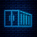 Glowing neon line Container icon isolated on brick wall background. Crane lifts a container with cargo. Vector