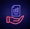 Glowing neon line Contract in hand icon isolated on brick wall background. Insurance concept. Security, safety