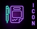 Glowing neon line Contract money and pen icon isolated on black background. Banking document dollar file finance money
