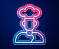 Glowing neon line Cook icon isolated on blue background. Chef symbol. Vector